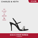 CHARLES&KEITH半宝石褶皱一字带高跟鞋凉鞋女CK1-60361402 Black黑色 34