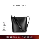 INJOYLIFE 包包潮宽背带水桶包女单肩斜挎包复古托特包送女友 黑色