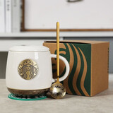 星巴克（Starbucks）杯子陶瓷马克杯经典黑白情侣咖啡水杯带盖勺大容量家用礼物盒装 白色单杯+金色勺子+瓷盖