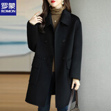 罗蒙（ROMON）毛呢大衣外套女2025春秋新款咖色加厚韩版修身显瘦中长款呢子 黑色 L 建议119至130斤