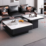 硕凡意式高级轻奢岩板正方形现代小户型茶几家用客厅黑色极简简约组合 双抽屉款-鱼肚白岩板【70+50】cm