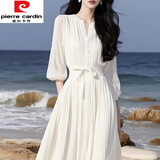 皮尔卡丹（pierre cardin）小众拍照出片气质款白色雪纺连衣裙春季新款年轻ins遮肉高腰A字裙 白色今年流行的轻奢品牌 M 100-110斤