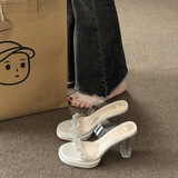 铂呐苓高跟凉鞋女夏季外穿水钻水晶透明厚底性感高跟鞋粗跟一字带凉拖鞋 透明高跟鞋【带钻米白色】 7cm 37