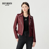 深呼吸DEEP BREATH女装绵羊皮翻领拉链机车皮衣夹克外套女A400158 安可拉红 XL (5)