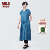 无印良品（MUJI）女式 强捻法国袖连衣裙 女装裙子夏季纯棉全棉衬衫连身裙BC2JGC4S 蓝色 S(155/80A)