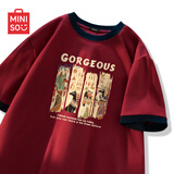 名创优品（MINISO）纯棉t恤男夏季撞色宽松高级感2025新款青少年潮流短袖 酒红 L