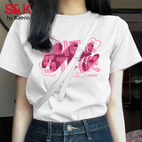 班尼路S&K系列短袖t恤女装夏季纯棉新款宽松半袖休闲上衣服小个子女生 白-粉luck白星 【100%纯棉】 S -推荐体重80-110斤（卡码拍大）