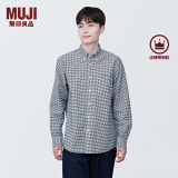 无印良品 MUJI 男式 棉水洗牛津 纽扣领 长袖衬衫 衬衣外套纯棉全棉 藏青色格纹 M(170/92A)