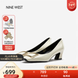 NINE WEST/玖熙牛漆皮革女单鞋优雅方头浅口粗跟通勤鞋NH208005FT米白 35