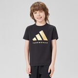 阿迪达斯 （adidas）2025新款短袖儿童T恤夏季户外运动休闲百搭短袖 黑+金  152