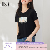 欧莎（OSA）T恤女士夏季新款衣服短袖印花上衣体恤修身潮清爽冰瓷棉感 黑色 S