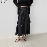 LILY秋新款立体蝴蝶结手缝珍珠垂感全棉半身长裙 510黑 S