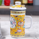 欧丽家珐琅搪瓷带滤网茶杯复古老式搪瓷杯水杯马克杯带盖搪瓷缸子珐琅  7cm-500ml【带304滤网-黄莲花】