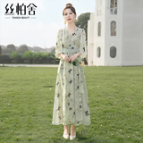 丝柏舍印花连衣裙2025春夏新款女装V领七分袖高腰度假风大摆裙