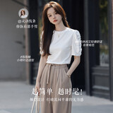 mt【韩系甜美】夏季全棉泡泡袖小荷叶边造型袖圆领T恤