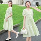 孕妇连衣裙夏季新款韩版短袖孕期小个子孕妇夏装中长款夏天裙子女 绿色--单件裙子 M【建议90-120斤左右】