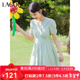 lagogo拉谷谷夏季新款绿色气质甜美V领木耳边短袖连衣裙女高腰 浅绿色(L8) 160/M/38