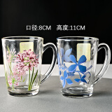 乐美雅 钢化玻璃杯泡茶杯牛奶杯微波炉水杯家用带把耐热茶杯早餐麦片杯 清晨印花对杯 320ml 2只