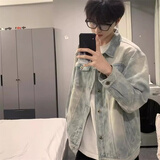 衣然呈品夹克男春秋季新款美式高街做旧水洗翻领潮痞帅宽松百搭牛仔外套男 浅蓝色 L 【建议105-125斤】