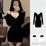 具趣 纯欲性感蕾丝长袖连衣裙女春季新款小众设计感修身掐腰包臀短裙 黑色 L 105-120斤