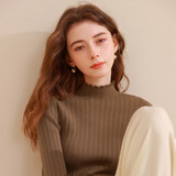 三彩冬款纯色坑条针织衫木耳边半高领修身打底内搭简约女 咖啡色 S