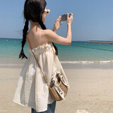 麓格立吊带背心女夏季一字肩荷叶边宽松无袖上衣可外穿海边度假穿搭韩系 无袖吊带背心【杏色】