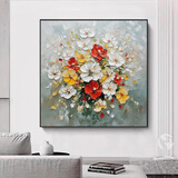 墨派（Mopai）餐厅装饰画手绘油画美式花卉高端客厅肌理挂画正方形壁画免打孔 繁荣昌盛 50*50cm手绘油画