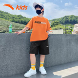 安踏男童运动套装夏装冰丝速干短袖短裤两件套T恤五分裤儿童衣服 橘T黑裤8111J 160