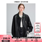 VEGA CHANG黑色皮衣女2025春秋宽松显瘦机车风pu皮短外套 松绿黑 S