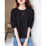 德玛纳【简约纽扣调节收腰女式t恤】夏季圆领五分袖t恤女