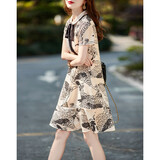 德玛纳（dme）印花连衣裙女系带休闲复古优雅简约气质雪纺裙