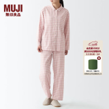 无印良品 MUJI 女式无侧缝双层纱织睡衣纯棉全棉 FDA20C1A 女士家居服套装 粉红色格纹 S-M