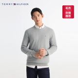 TOMMY HILFIGER【柔软亲肤】秋冬季男女纯棉休闲通勤纯色圆领内搭打底针织衫毛衣 【纯色绣标毛衣】- 极简灰P7D 2XL （推荐：180-200斤）