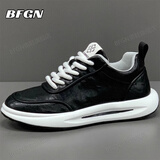 BFGN品牌牛皮男鞋2025秋冬季新款透气休闲鞋男士运动鞋子男软底增高鞋 黑色【皮面】-高端男鞋 41 皮鞋码