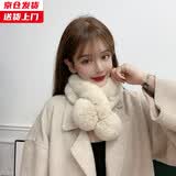 槿城真毛獭兔毛围巾女冬季保暖百搭可爱交叉皮草围脖濑兔毛绒加厚TT02 双球土白色