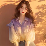 巧除紫色印花衬衫春秋女款2025年新款小众独特别致泡泡袖渐变撞色上衣 图片色 L