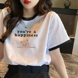 欧洛黛短袖t恤女2025夏季新款宽松百搭显瘦时尚休闲体恤女上衣女士短袖 [黑领] 英文小熊 2XL