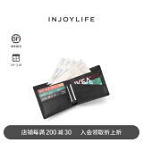 INJOYLIFE男女短款钱包 两折小钱包情侣真皮十字纹 青年简约皮夹 黑色 - 新LOGO