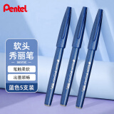 派通（Pentel）彩色软毛笔秀丽笔 弹性笔尖水性笔Touch手帐书信贺卡用 SES15C蓝色 5支装