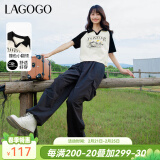 lagogo拉谷谷美式复古polo衫T恤女2024春季新款短款插肩撞色短袖 米黑(TW) S