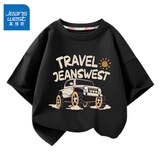 真维斯儿童纯棉短袖t恤男童舒适透气中大童夏季上衣女童半袖夏装 黑 J旅行越野 160