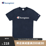 Champion夏季经典款印花草写LOGO圆领休闲运动T恤无性别冠军短袖男女情侣 藏青色(偏薄） M