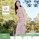 香影（xiangying）彩虹条纹背心连衣裙女2025春季新款内搭过膝流苏针织无袖裙子 粉红 XL