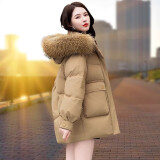 俏婷朵羽绒服女士中长款2024外套冬季新款白鸭绒冬装显瘦连帽女式派克服 7779卡其色-貉子毛 L 推荐（115-130体重）