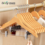 百草园实木衣架带夹加厚木质防滑无痕木头晾衣架大衣西装衣撑原木色5个