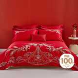 百丽丝水星家纺出品结婚四件套婚庆纯棉刺绣婚房套件大红色被套龙凤刺绣