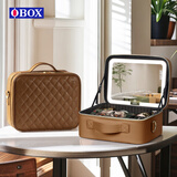OBOX带镜子带灯美拉德风旅行化妆包美妆用品分类收纳包护肤品收纳盒 美拉德棕格_大号12寸【菱格2代】