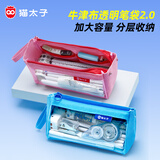 猫太子牛津布笔袋大容量多层拉链笔袋学生考试文具收纳袋女生莫兰迪笔袋透明高颜值 静谧蓝