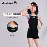 洲克（ZOKE）女童专业训练连体平角竞速运动度假游泳衣125504440黑玫蓝三角12