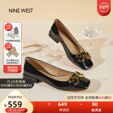 NINE WEST/玖熙低跟单鞋牛漆皮浅口方头金属饰扣工作女鞋NF445006FK 黑色38